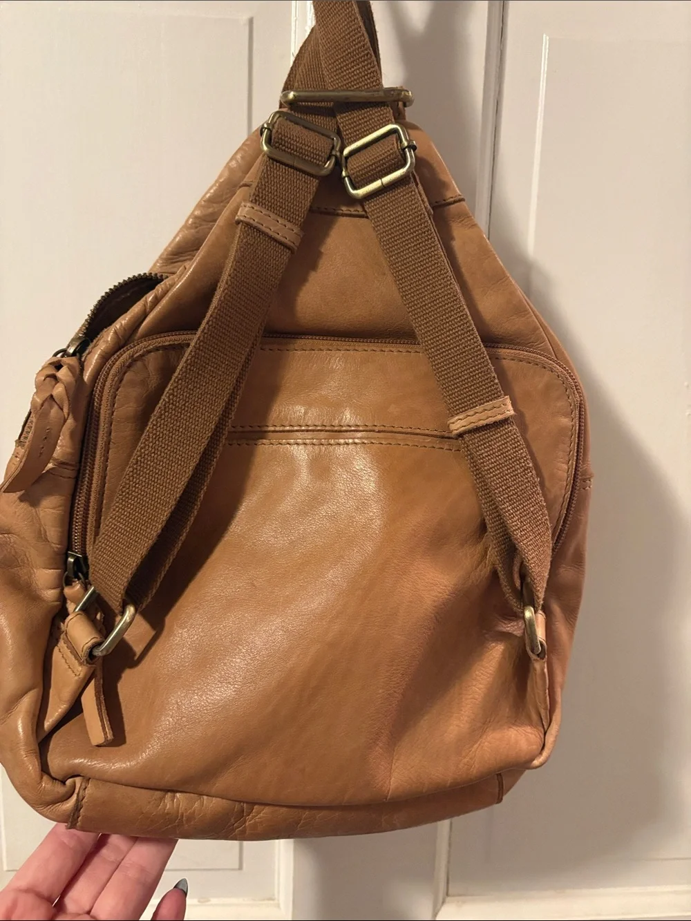 Light Brown Leather Backpack Sling Bag - Picture 2 of 6